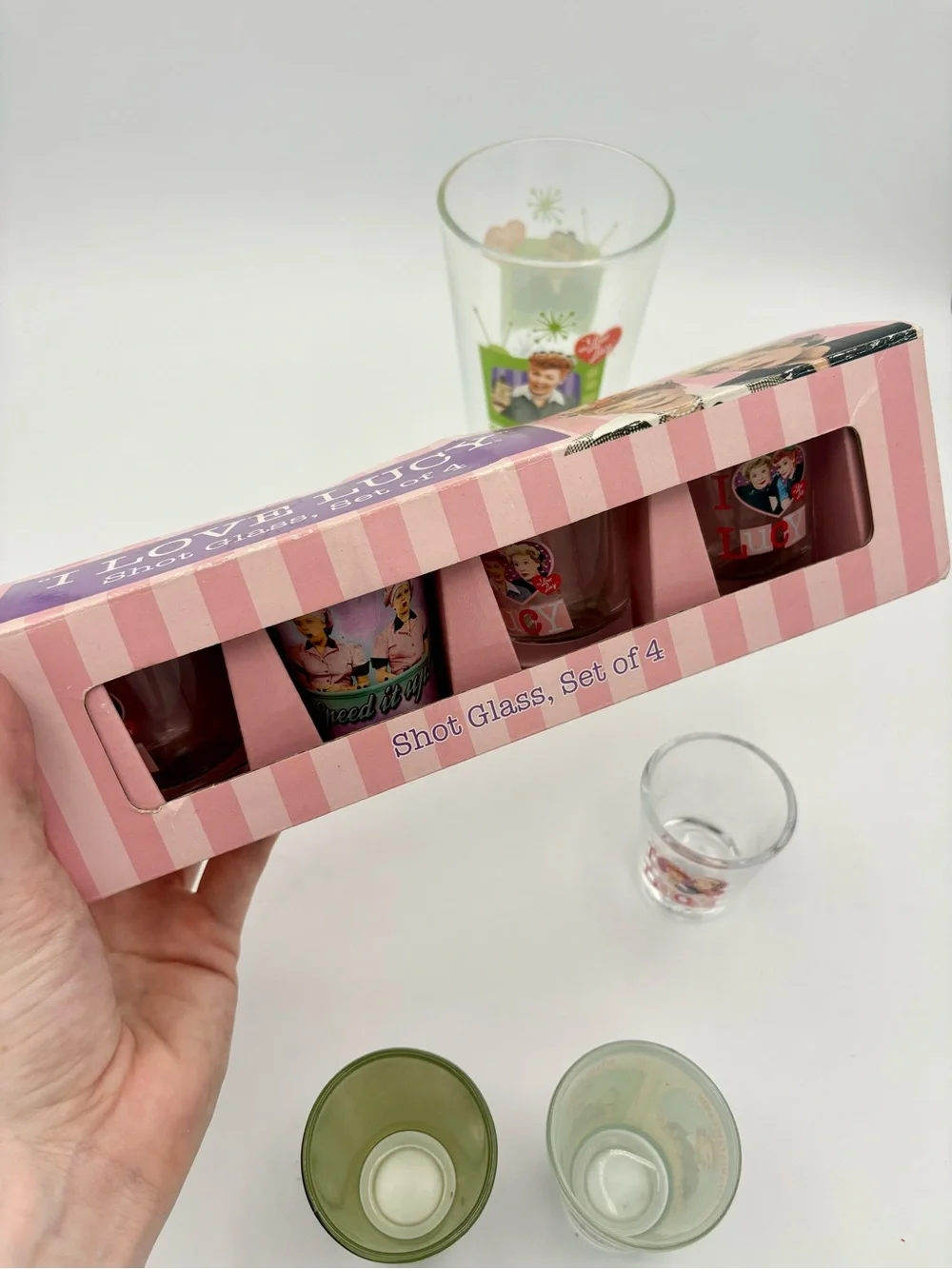 I Love LUCY Set of 2 16 OZ GLASSES and 7 Shot Glasses New Never Used Kitchen